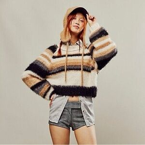 Free People Snowbird Sweater Ivory Black Caramel Striped Combo Size XS